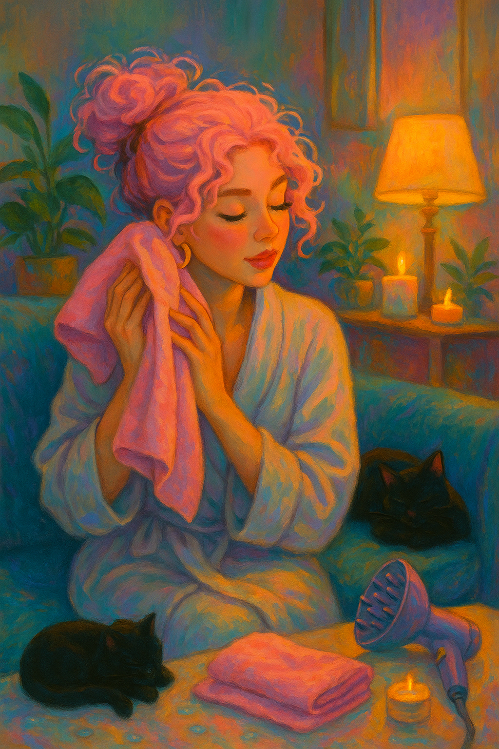 Woman with light pink curly hair blotting with a microfibre towel at home, black cat curled beside her on sofa.