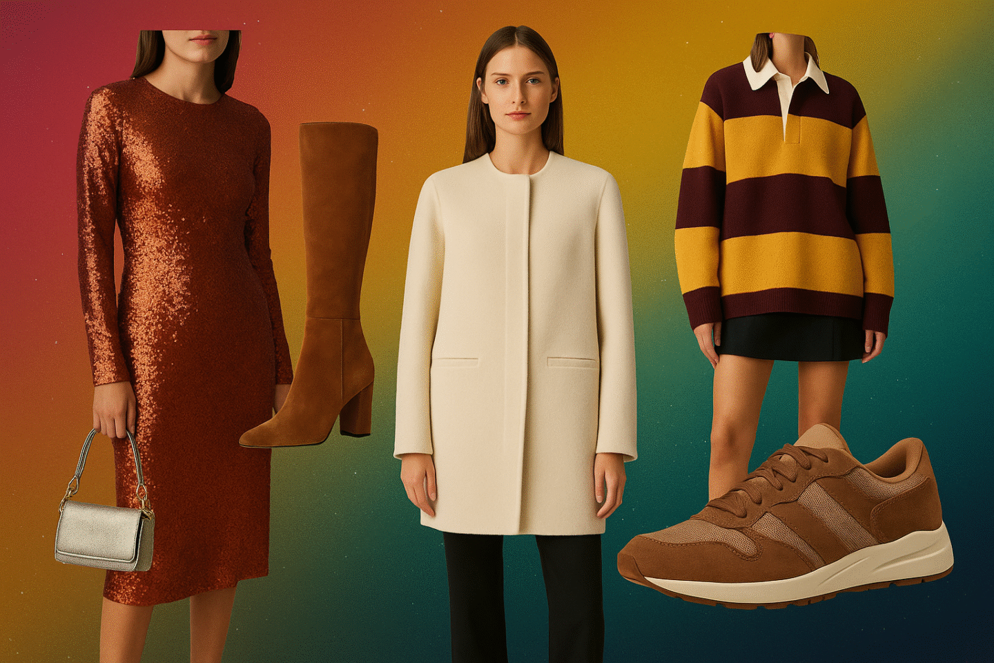 autumn-2025-fashion-trends-header-stephilareine-1440x960-1 Editorial fashion collage for autumn 2025 showing sequined dress, ivory wool coat, suede knee-high boots, striped rugby sweater, and brown sneakers on a red, yellow, and teal gradient background.