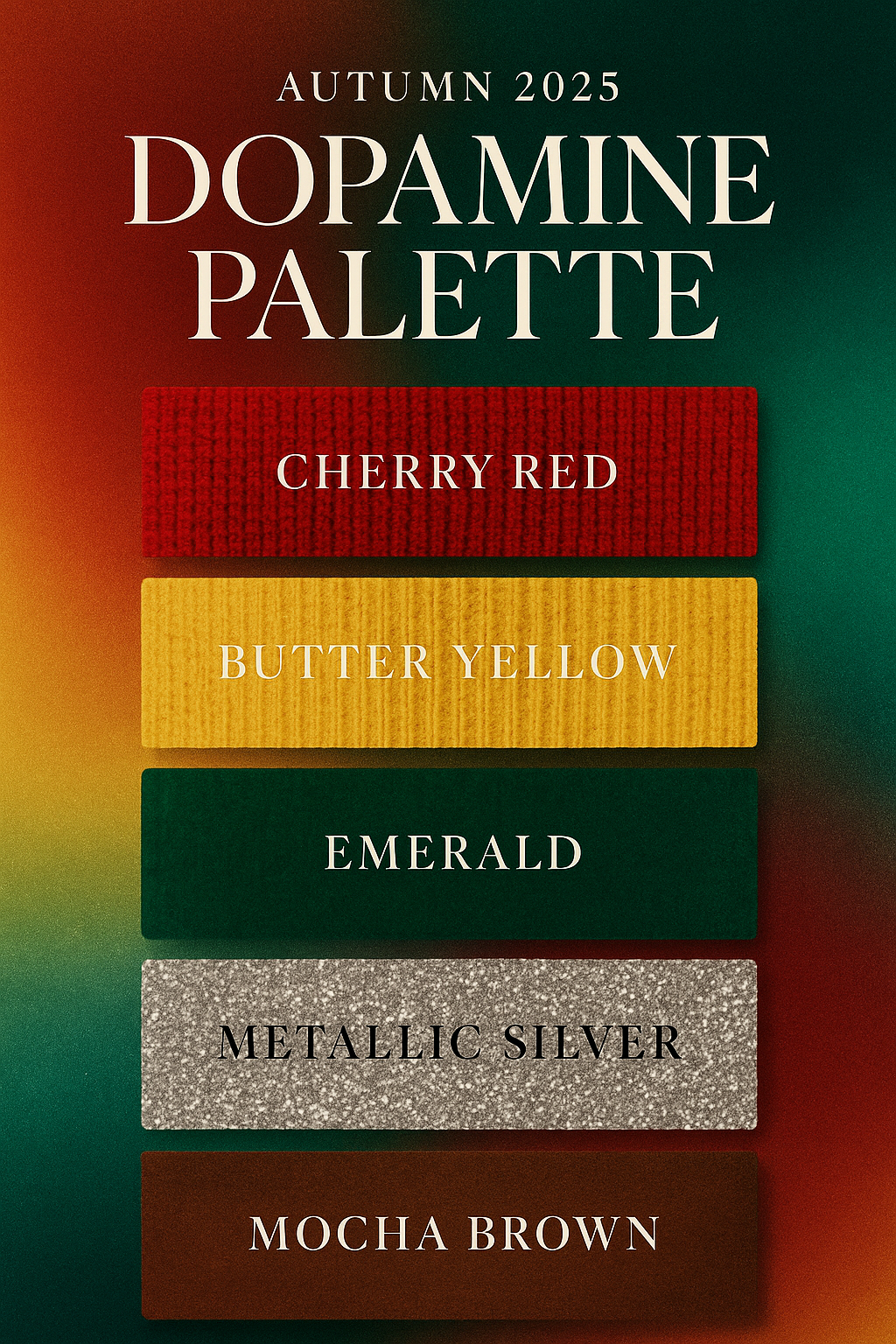 autumn-colour-palette Editorial moodboard infographic titled “Autumn 2025 Dopamine Palette,” showing five textured swatches: cherry red knit, butter yellow knit, emerald velvet, metallic silver sequins, and mocha brown suede, on a gradient background.