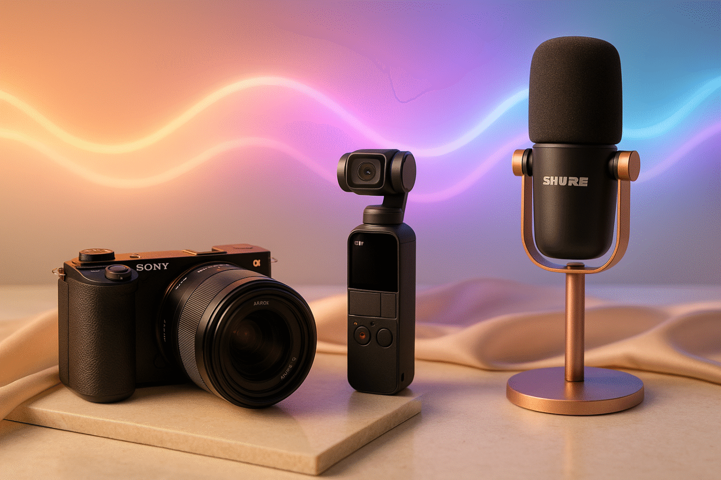 best-creator-tools-2026-sony-zv-e10-dji-osmo-pocket-shure-mv7-nanolea-1440x960-1 Editorial lifestyle setup showing the best creator tools for 2026, including Sony ZV-E10 II, DJI Osmo Pocket 3, Shure MV7+ mic, and Nanoleaf neon smart panels.