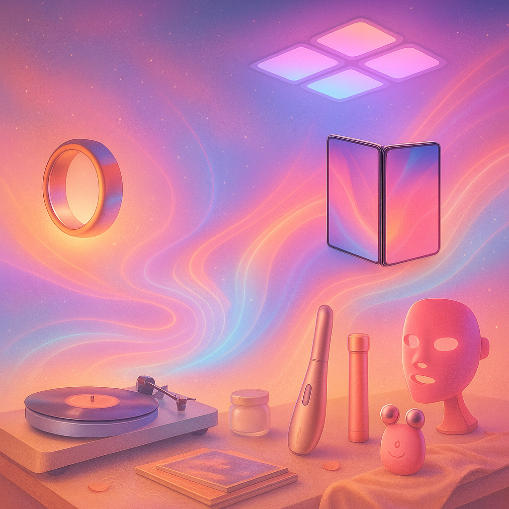 futuristic-gadgets-2026-dopamine-tech-trends-smart-rings-smartphones-beauty-smart-home Surreal artistic collage of futuristic gadgets in 2026, including smart rings, foldable smartphones, neon smart homes, beauty devices, and vinyl players connected by pastel cosmic light waves.