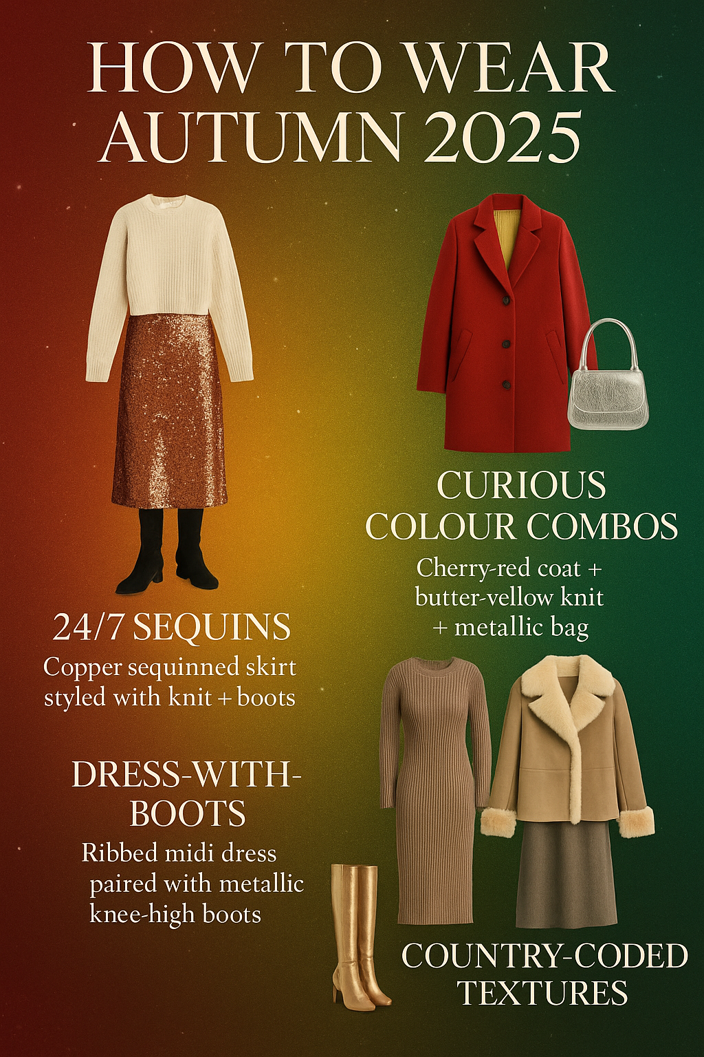 how-to-wear-autumn-2025 Infographic guide titled “How to Wear Autumn 2025,” showing four fashion trends: sequins styled with knit and boots, cherry-red coat with butter-yellow knit and metallic bag, ribbed midi dress with metallic knee-high boots, and suede boots with faux-fur trim coat. Aura gradient background in red, yellow, and green with a glossy editorial finish.