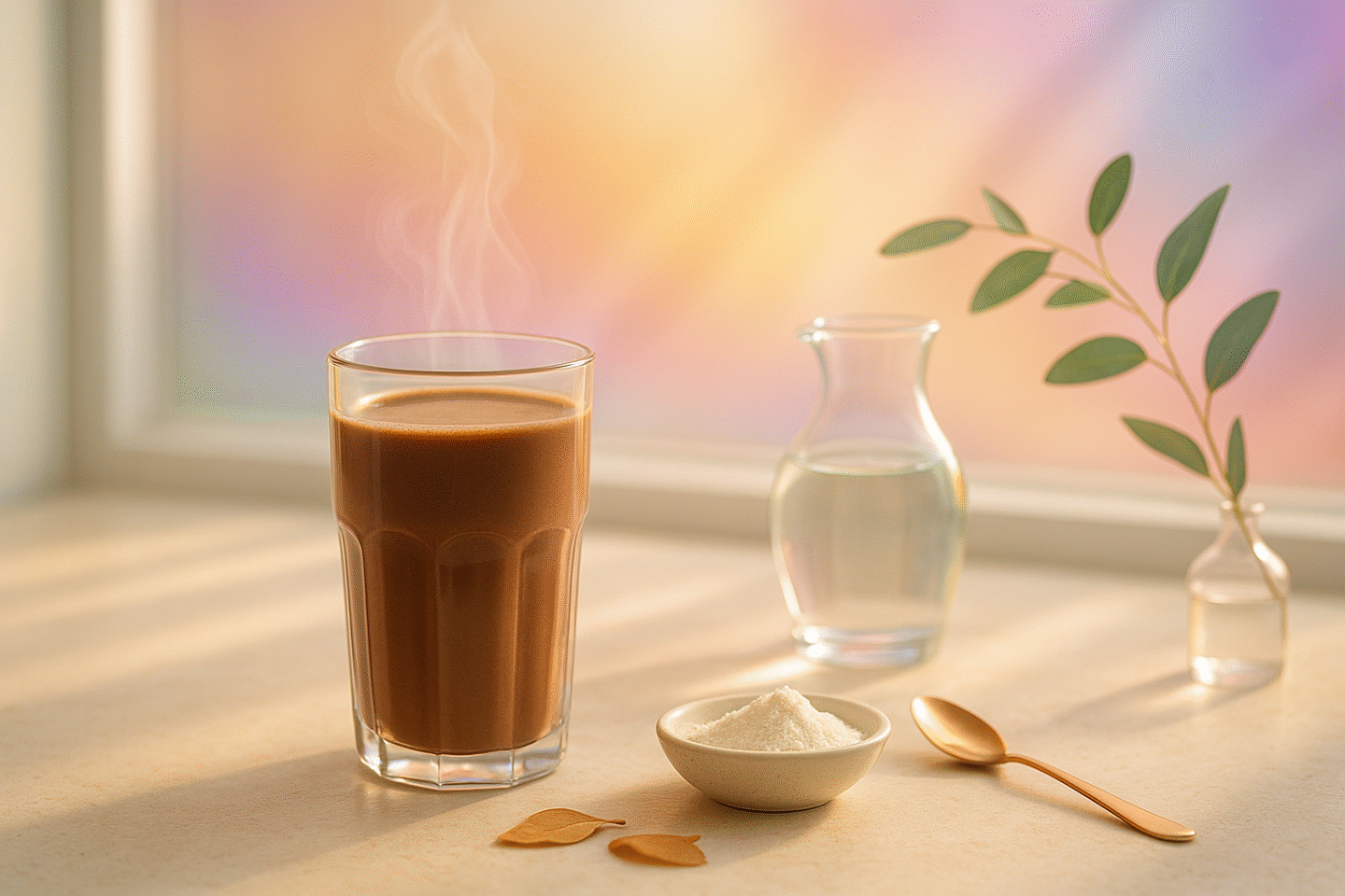 morning-cacao-transition-ritual-bright-aura-uhd-2025-1440x960-1 Sunlit breakfast scene with a tall glass of cacao, collagen in a small dish, and soft pastel aura colours for a bright, energising vibe.