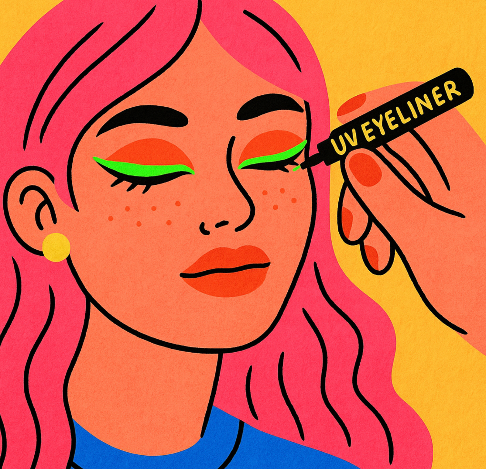 screenshot-2025-06-24-at-18-06-06 Close-up illustration of pink-haired festival girl applying neon green UV eyeliner, fun Glastonbury 2025 makeup style, bright bold festival colours.