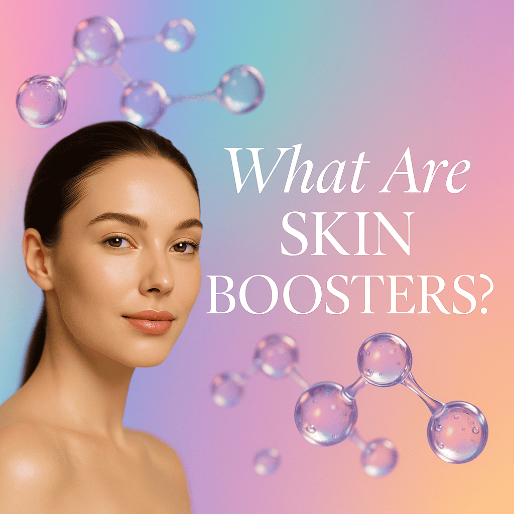 skin-boosters Ethereal, dewy skin, hyaluronic molecules, with text overlay