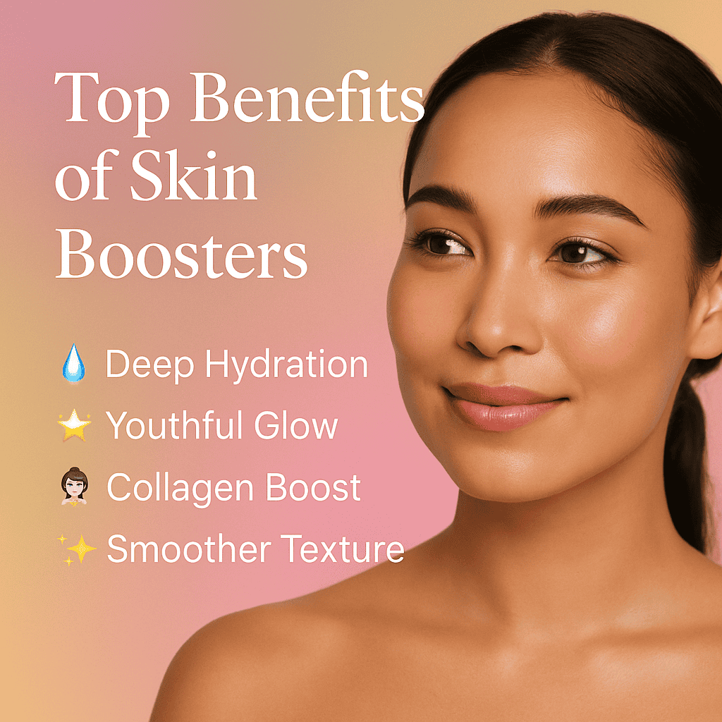 top-benefits-of-skin-boosters Editorial-friendly visual with an aura gradient background, overlayed list of top benefits (glowy beauty vibe — Pinterest friendly too!)
